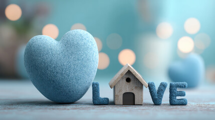Love concept home blue heart tiny house romantic decor soft background bokeh light wooden table cozy mood Love concept home with blue heart
