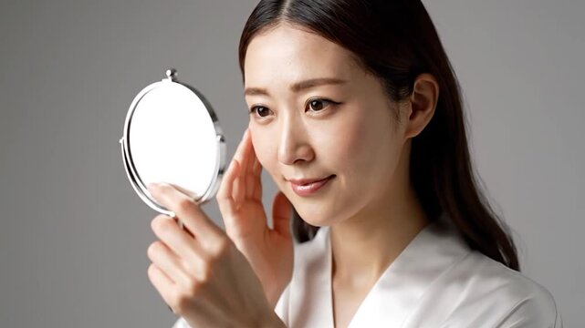 Woman examining her reflection in a handheld mirror, subtle smile