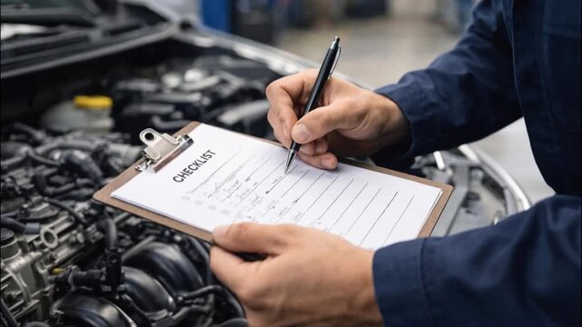 Mechanic writing job checklist to clipboard.
