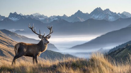 Majestic deer stands atop a mountain ridge overlooking scenic landscape