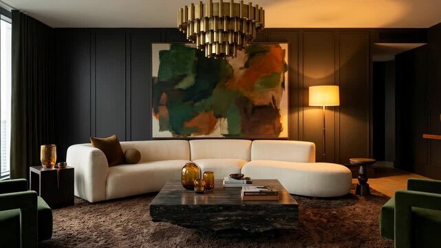 A modern living room featuring a sectional sofa, abstract art on the wall, and warm lighting. The design highlights a cozy atmosphere with various decor items