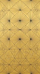 Geometric pattern with sunbursts and snowflakes on a gold background.
