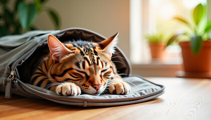 Bengal cat sleeping peacefully inside a soft carrier on wooden floor with plants  