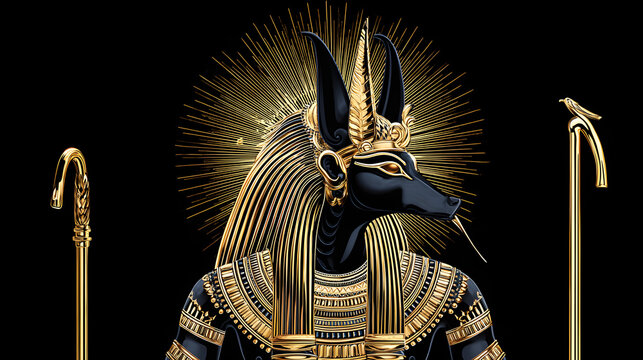 Ancient egyptian god seth anubis deity in gold and black with a golden halo crown on a dark background featuring ornate royal jewelry and divine pharaoh mythology for history and luxury art