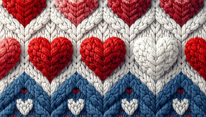 Close-up view of textured, knitted fabric with alternating patterns. Red and white hearts are prominent, set against blue and white backgrounds