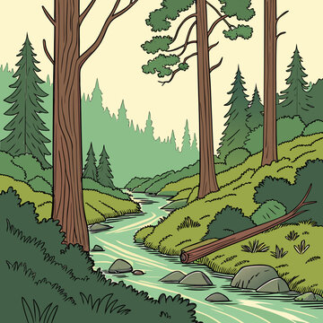 Nature conservation themed showing river running through forest with tall trees and rocks