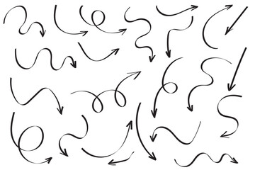 Black hand drawn line brush sketch arrows set. Doodle sketch curved and swirly arrows for infographic. Vector illustration