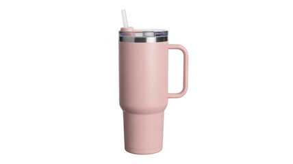 Pink tumbler with straw and handle pink cup isolated on a transparent background