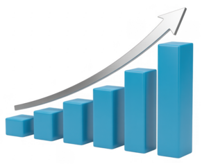 Blue bar graph with white arrow growth chart business isolated on a transparent background