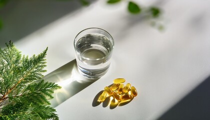 glass of water and vitamin d fish oil capsules on sunlit white surface with greenery healthy life concept