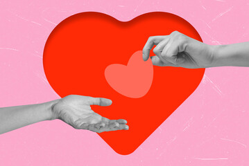 Art collage of hands reaching for a heart on a simple background designed to express connection and emotion