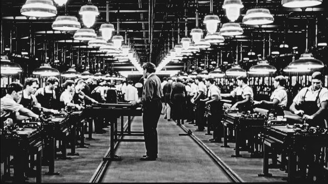 Black and white video still of a factory assembly line. Wide-angle shot captures workers under industrial lights, creating a symmetrical view.
