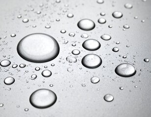Close-up view reveals various sizes of glistening, spherical water droplets scattered on a textured, metallic surface