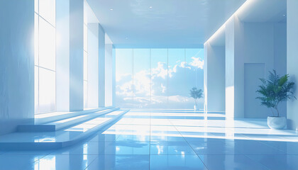 Bright and airy modern architectural interior with large windows, white columns, and a serene sky view.