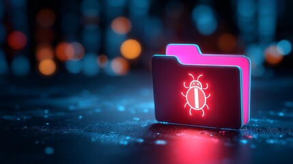 A computer folder with a neon bug symbol indicating a malware or virus warning on a dark background with blurred lights