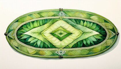 watercolor oval rug with green tones on white background