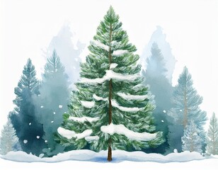 watercolor snow covered pine tree on white background