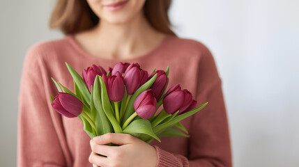 Woman holding a beautiful bouquet of fresh purple tulips, presenting a vibrant floral gift, celebrating love, gratitude, and an upcoming special spring occasion, copy space