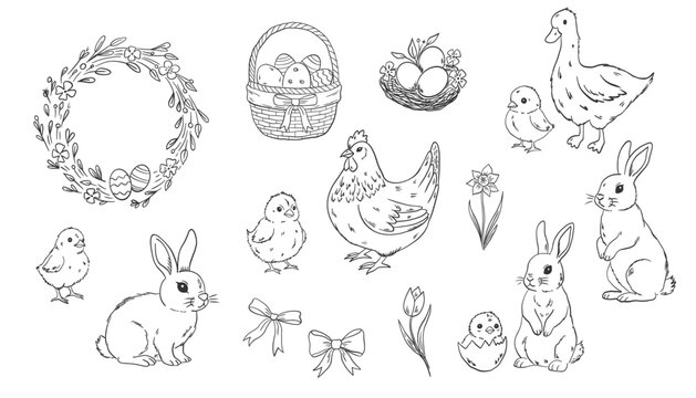 Set of doodle hand drawn elements for Easter in coquette style. Cute bunnies, bows and ribbons, flowers and leaves, basket, eggs. Vintage girly decoration. Whimsical vector illustration.