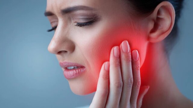 Close up portrait of a young woman suffering from a severe toothache, holding her hand to her cheek with a pained expression and a red inflammation area on her jaw against a gray background