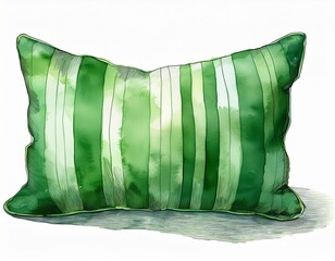 watercolor green striped pillow on white background