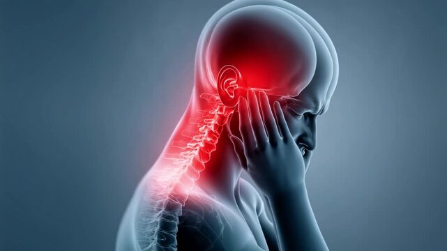 Medical animation showing a person suffering from severe neck pain, with the inflamed area highlighted in red. The x ray view reveals the cervical vertebrae, illustrating spinal injury or disease