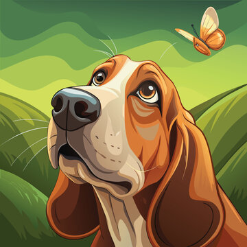 A curious basset hound gazes upward at a vibrant orange butterfly in nature