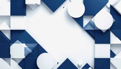 Abstract 3D Geometric Composition with Blue and White Cubes, Spheres, and Planes on a White Background