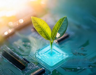 sustainable technology and green energy innovation concept integration of nature and digital life small plant seedling growing from a glowing microchip circuit board
