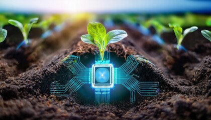 smart agriculture and modern biotech farming concept connection of nature and electronic innovation microchip on dark soil with vibrant green seedlings and glowing root system