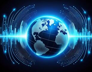 global communication and worldwide data transfer concept digital network security and sound wave technology glowing blue earth globe surrounded by an abstract audio equalizer pulse
