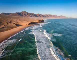 stunning aerial view of rugged coastline with mountains desert and pristine beach waves ocean and sea concept