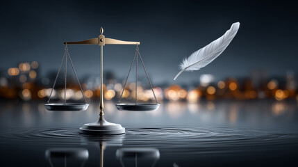 A scale holds equal weights while a feather floats gently nearby, suggesting a connection between justice and truth