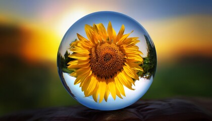 sunflower in glass sphere with vivid background
