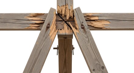Closeup of weathered wooden beams with cracked and peeling paint at joint intersection