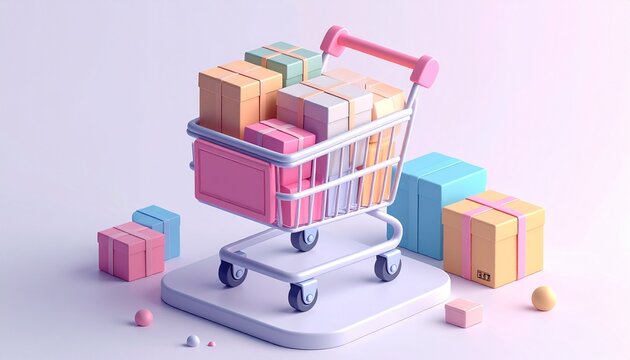 段ボール箱が乗った買い物カートと通販物流の3Dクレイイラスト