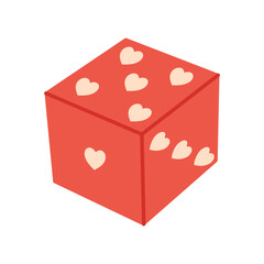 Fototapeta premium Playing dice illustration with heart icons instead of dots, symbolizing love, chance, and romance. For Valentine, wedding design, games, cards, prints. Isolated background. Hand drawn. Flat vector.