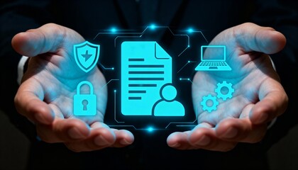 A conceptual image representing digital document management and data security, showing human hands holding a glowing virtual interface with icons.