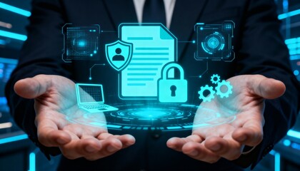 A conceptual image representing digital document management and data security, showing human hands holding a glowing virtual interface with icons.