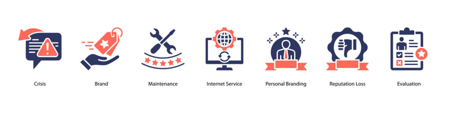 Brand Risk and Response web banner icon vector illustration featuring Crisis, Brand, Maintenance, Internet Service, Personal Branding, Reputation Loss, and Evaluation.