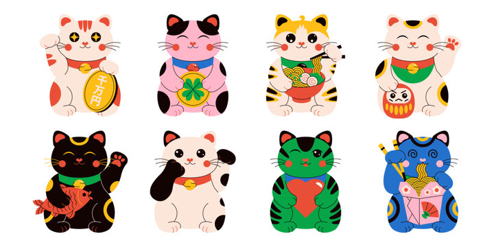 Japanese lucky cat set. Maneki Neko asian waving cats, cute traditional fortune characters, success amulet and good luck talisman souvenir cartoon style. Vector collection