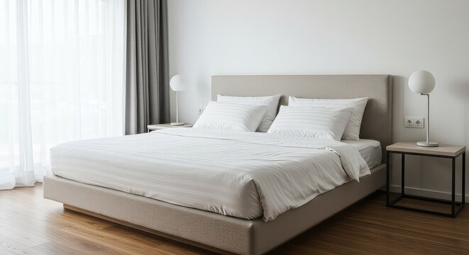 A large, comfortable bed in a bright, modern bedroom. Crisp white linens, pillows, and a soft duvet invite peaceful slumber and rest ,house ,decoration ,resort