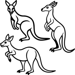 A collection of stylized illustrations depicting kangaroos in various poses. The kangaroos are rendered in warm, earthy tones of beige and brown, with subtle shading to define their musculature. One k