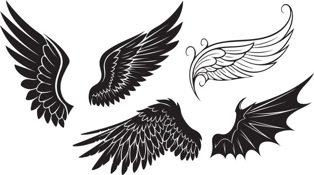 A diverse collection of stylized wings in black and white, featuring angelic, feathered, and demonic designs