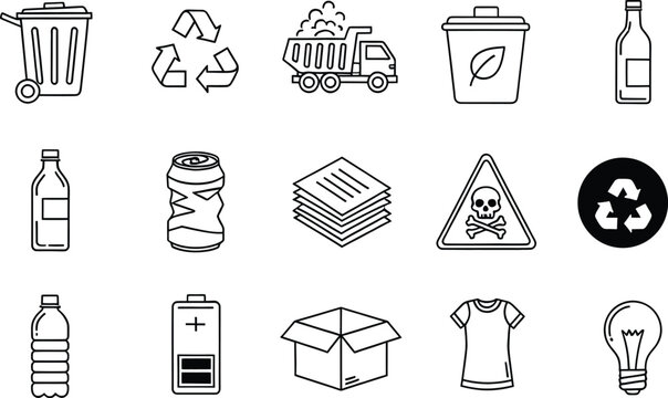 A collection of line icons representing different aspects of recycling and waste management
