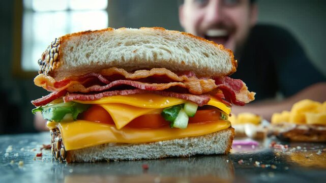 Bacon, egg and cheese sandwich with tomato and lettuce on a white plate in the foreground with blurred person in background.