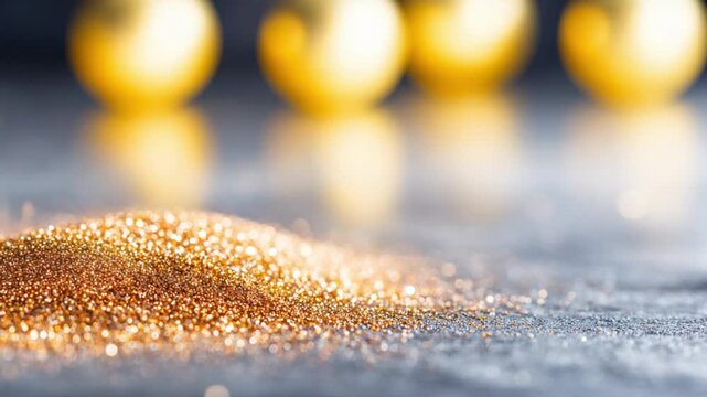 Golden Glittering: A close-up view unveils the allure of fine, golden glitter sparkling across a sleek surface, complemented by blurred spherical ornaments, evoking a sense of celebration.