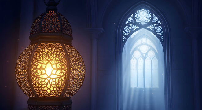 An ornate lamp casts a warm glow in a dimly lit hall with a gothic window emitting ethereal light