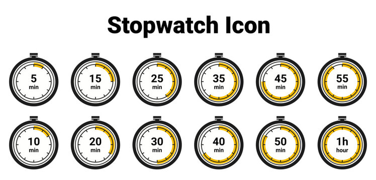 Collection of stopwatch icons with various time intervals from five minutes to one hour