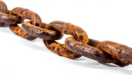 Fototapeta premium Corroded iron chain stretched out on white surface illustrating tension and weathering